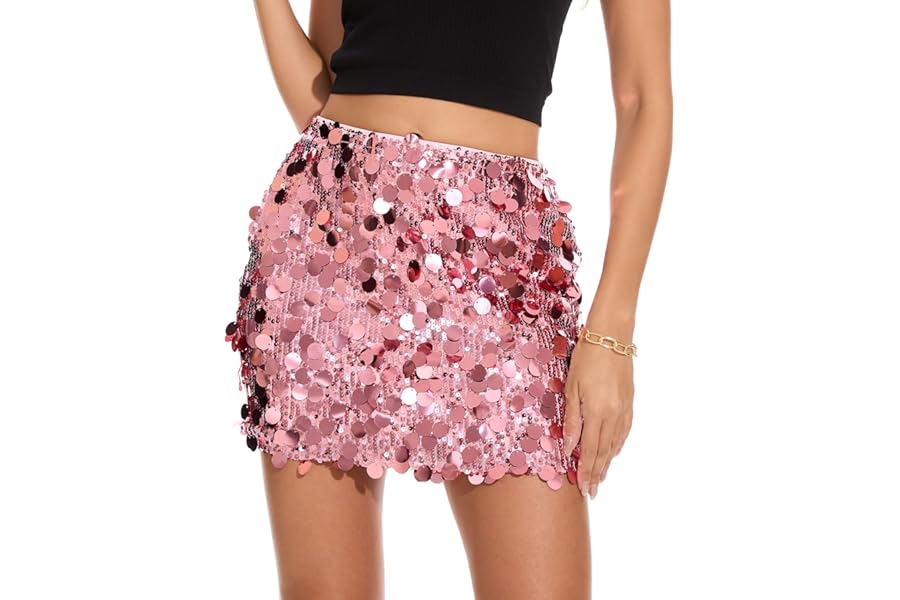 WERFORU Sequin Skirt Women Stretchy Sparkly Glitter Shiny Mini Skirt for Party