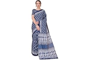Jaanvi fashion Handicrafts Women's Ikat Block Print Cotton Mulmul Saree with Unstitched Blouse Piece