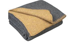 LYHome Travel Blanket - Extra Warm Picnic Throw, Bed Camping Outdoor 100% Wool Blankets, Cozy Soft Throws, Military Army and Garden Outside Use (51x67 in | 130x170 cm | Mustard - Grey Double-sided)