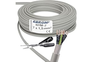 EBROM NYM-J 7 x 1.5 mm² Sheathed Cable, Installation Cable, Wet Room Cable, Grey, Selection in 1 Metre Increments, Sold by the Metre, Accurate to the Metre, Your Selection: NYM-J 7 x 1.5 mm2, Length: