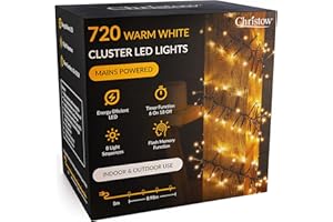 CHRISTOW 720 LED Cluster Christmas Tree Lights, Warm White Fairy Lights with Timer, 8 Light Modes, Energy Efficient 3mm Micro LEDs, Indoor & Outdoor, Mains Powered, Green Cable, 8.98m Lit Length