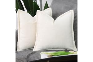 Madizz Set of 2 Chenille Velvet Cushion Covers with Flange Soft Boho Textured Throw Pillow Covers Broadside Pillowcases Modern Farmhouse Home Decor for Sofa Bedroom Cream 18x18 inch, 45x45 cm