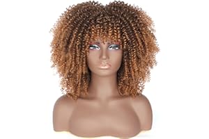 YEESHEDO Damskie krótkie afro, loki ombre, brązowe, czarne, naturalne, miękkie, puszyste włosy, kręcone peruki z grzywką, afro, na imprezę, cosplay na co dzień (4P/30#)