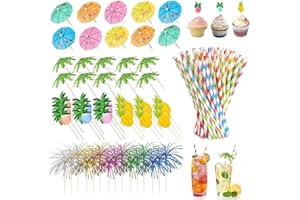 AIUNBEST Cocktail Deko 140 Stück für Party, Cocktail Zubehör mit Cocktail Schirmchen Sommer Deko Bar Zubehör Hawaii Deko Strohhalme Wiederverwendbar für Beach Party und Gartenparty