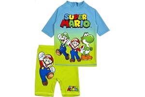 Super Mario Strój kąpielowy dla chłopców | niebiesko-zielony dwuczęściowy strój kąpielowy z szortami | dziecięcy kostium kąpielowy dla graczy UV50+ bezpieczny dla słońca