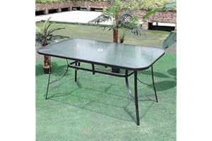 The Fellie Patio Table Outdoor Tempered Glass Top Dining Table Rectangle Coffee Table with Umbrella Hole for Garden, Backyard, Balcony (120 x 80 x 72cm-Rectangle Table, Black)