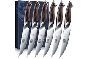 HOSHANHO Couteaux à Steak 6 Pièces, Ultra Tranchants Ensemble de Couteaux à Steak Dentelés 11,5 cm, Couverts à Steak de Cuisine Japonais en Acier à Haute Teneur en Carbone avec Poignée Ergonomi