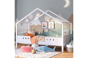 ‎BELLABINO Bellabino Bela Hausbett 90x200 cm für Kinder mit Rausfallschutz, weißes Kinderbett, Kleinkinderbett und Jugendbett aus massivem Kiefernholz für Mädchen & Jungen inkl. Lattenrost