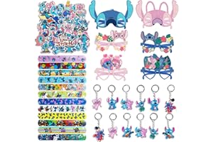Clvsyh 86 Pezzi Set Regalo di Compleanno per Stitch, Occhiali di Carta per Bambini, Bambino Portachiavi, Stitch Braccialetti a Scatto, Adesivi Impermeabili, Gadget Compleanno Bambini Kit