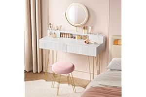VASAGLE Schminktisch mit Hocker und Beleuchtung, Steckdosenleiste, Spiegel, Frisiertisch, 40 x 100 x 134,8 cm, Kosmetiktisch mit Schubladen, gepolsterter Sitzhocker, mattweiß-blassgold RVT619W01