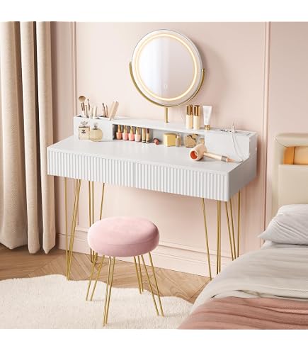 Coiffeuse Vicco Layla Blanc/gris – Avec Miroir LED, Tabouret Et 3 Tiroirs