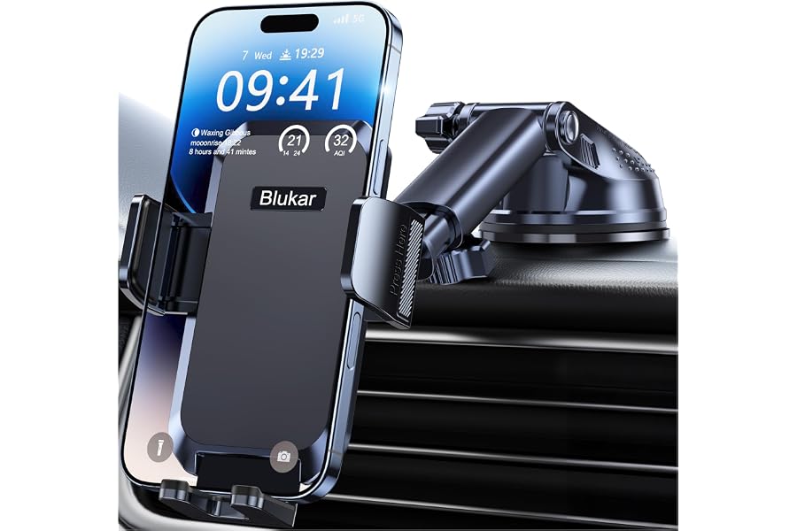 Blukar Soporte Móvil Coche, Upgraded Ajustable Soporte Teléfono Coche | con Ventosa Fuerte & 360° Rotación - Liberación