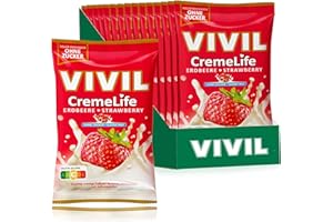‎VIVIL VIVIL Creme Life Erdbeere, 15 Beutel, fruchtige Sahnebonbons mit Erdbeergeschmack, zuckerfrei & glutenfrei, 15 x 110g