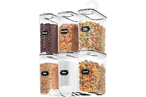 Skroam Cereal Containers, 6 Pack Airtight Food Storage Containers with Lids Plastic Cereal Dispenser for Kitchen and Pantry Organizer and Storage, Measuring Cups and 20 Labels