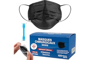 STONE&STONE S&S Médical Lot de 100 Masques CHIRURGICAUX noir certifiés CE Type IIR BFE ≥ 98% DISPOSITIF MÉDICAL 3 couches de protection chirurgical Ministère de la Santé + crochet d'oreille (100 | Noir)