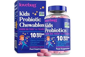 lovebug PROBIOTICS for Kids – Probiotic Chewables with Prebiotic Fiber for Age 4+, Daily Children's Gut Health, Constipation, Digestive & Immune Support Supplement, Sugar-Free Berry Flavor, 60 ct
