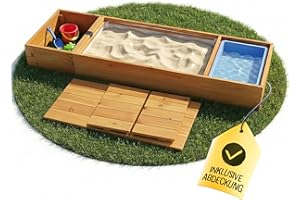 FRIEDO Sandkasten mit Abdeckung 150x40cm aus lasiertem Holz und Deckel I Sandkasten mit Matschküche I Sandbox ideal für Balkon, Terrasse und Garten I Sandkiste mit Abdeckung für kleine & große Kinder