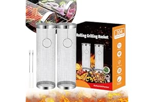 FYKERO 2 Pcs Rolling BBQ Grilling Basket - Barbeque Grill Basket with Hooks & Forks,Rolling Grilling Basket, Stainless Steel Grill Mesh, Useful Barbeque Grill Accessories, Vegetables, Fries
