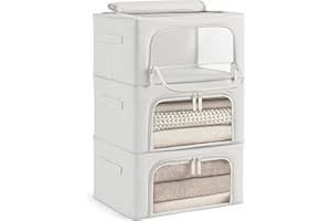 unycos - Cajas de Almacenaje de Ropa【3 Piezas | 24L】 Bolsas con Estructura Resistente de Hierro, Asas Reforzadas y Ventana Transparente, Organizador de Toallas, Edredones | 10 kg (Grey; Iron Rod)