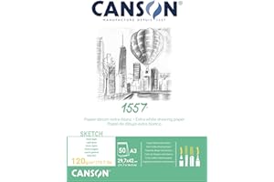 Canson - carta 1557 Blocco da 50 fogli di carta da disegno, 120 g, grana leggera, formato A3, colore: Bianco collato 1 lato