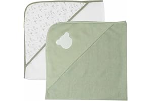 Trois Kilos Sept, Lot de 2 Sorties de Bain Bébé 70x70cm, en Eponge Douce, avec Capuche, Ourson & Fleurs Vert Olive, Naissance