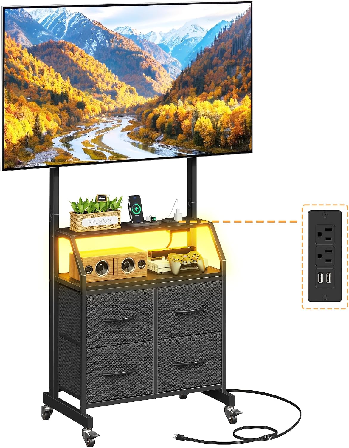 OYRREU LED Light TV Stand on Wheels with Mount and Power Outlets, Rolling TV Stand Adjustable Height & 4 Drawer Storage,Black