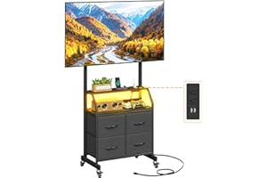 OYRREU LED Light TV Stand on Wheels with Mount and Power Outlets, Rolling TV Stand Adjustable Height & 4 Drawer Storage,Black