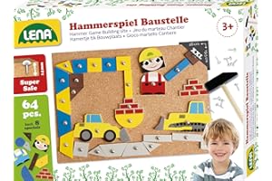 Lena 65828 Hammerspiel, Nagelspiel mit 64 bunten 8 Baustellen Teilen, Grundplatte aus Kork ca. 28 x 19,5 cm, Hammer und Nägel, Klopfspiel für Kinder ab 3 Jahre, Hämmerchenspiel, Mehrfarbig