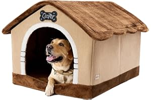 Jiupety Hundehöhle Hundehütte Indoor mit Rahmen, Gemütliche Hundehaus für Drinnen, Hundebett mit Dach für 23-41 kg, 3XL Größe 97x76x71 cm, Brown