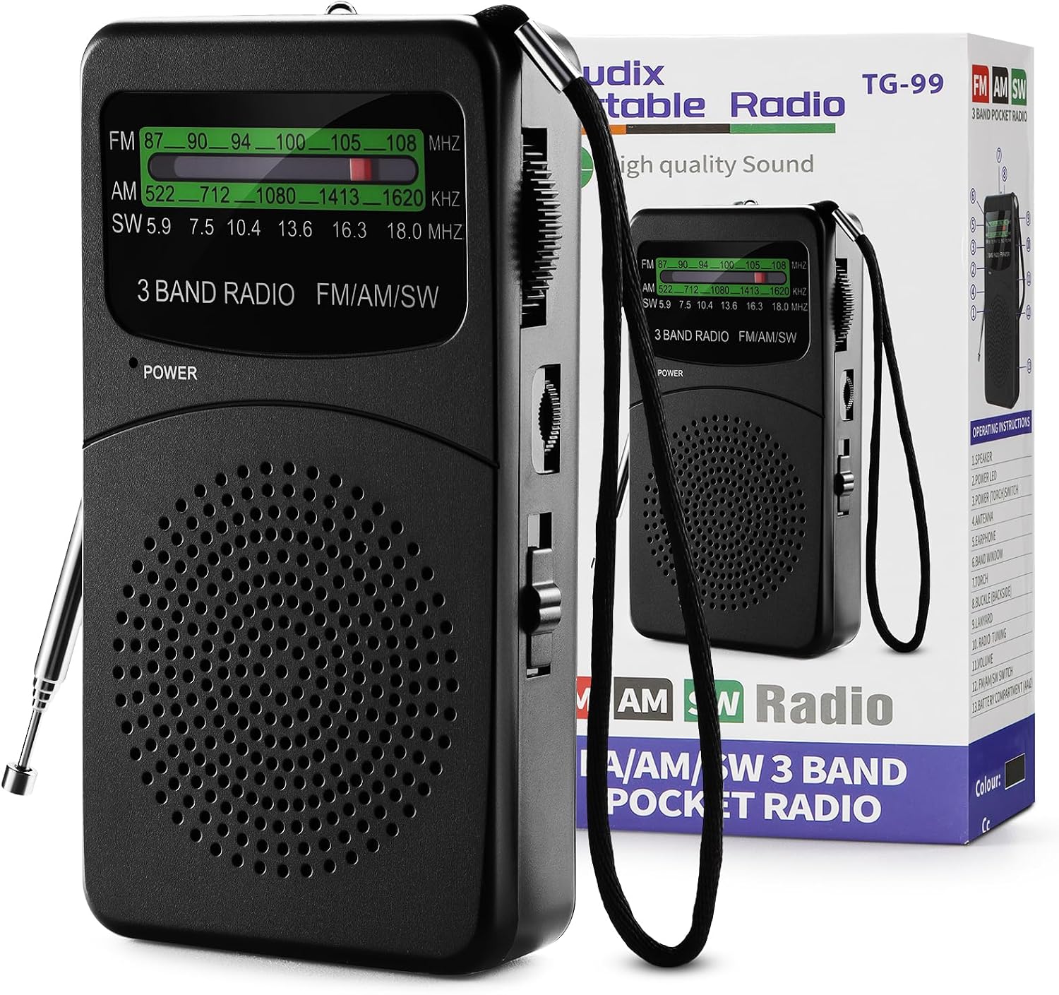 Joudix Radio a Pilas Portátil Pequeña FM/Am Transistor Kit de Emergencia Señal Súper Entrada Auriculares Linterna Escuche Noticias Entretenimiento Personas Mayores Apto para Cocinas Baños Viajes