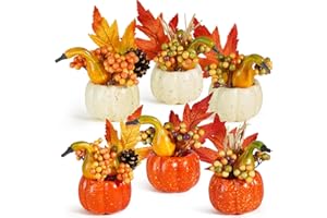Miaikoe Set of 6 Artificial Pumpkin Decorations, Autumn Decorative Orange Pumpkin with Maple Berry Acorn Pine Cone Vegetables for Fall Thanksgiving Harvest Party Decoration