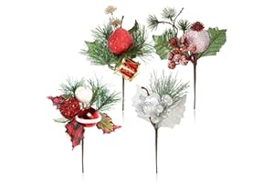 ‎COM-FOUR com-four® 4X Deko-Gesteck, dekorative Zweige als tolle Weihnachtsdekoration, schöner Raumschmuck, verschönert Geschenke auch für Kränze und Blumenarrangements DIY (4X Zweig mit Deko)