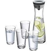 WMF Basic su s&uuml;rahisi seti, 5 par&ccedil;a, s&uuml;rahi 1 l, 4 su bardağı, 250 ml, kapaklı cam s&uuml;rahi, silikon kapaklı, CloseUp kilit