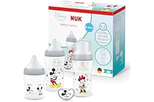NUK Perfect Match Set de Biberones y Chupete | 0-6 Meses | 3 Biberones Anticólicos (150 ml, 260 ml), 1 Chupete Perfect Match Air | Disney El Ratón Mickey | Pack de 4