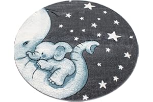 Muratap Tapis Enfant Animaux - Kids Éléphant - Tapis Poils Ras Chambre de Bébé Carpette Tapis Chambre d'enfant Fille Garçon - Oeko-TEX - Dimension: 120 cm - Rond - Couleur: Bleu