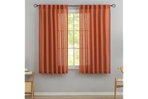 DONREN Leinen-Vorhänge mit Schlaufen, 162 cm lang, 2 Paneele, Set für Mädchenzimmer, Moderne Cottagecore-Stangentasche, halbtransparent, mit Haken, Lichtfilterung, Kurze Vorhänge, 132 x 162 cm Länge, Burnt