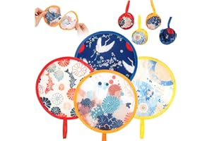 Svalor Foldable Fan, 4 Pcs Round Handheld Folding Fan, Portable Japanese Style Fan with Beautiful Patterns, Folding Handheld Fan for Party, Wedding, Cooling, Outdoor Games