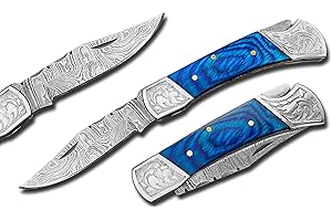 Novahaven Damaststahl Taschenmesser – Klappmesser für EDC, Jagd, Camping & Survival mit Holz-, Knochen- oder Harzgriff – Outdoor Geschenk-Messer (Mehrere Farben) (Blauholz mit Stahlbacken)