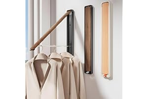 ATEAZE Klappbare Kleiderstange Wandmontage Aluminium – Ausziehbare Garderobe Kleiderhaken, Platzsparend, Modernes Design in Walnuss-Optik oder Buche-Optik (Weiß)