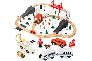 Mamabrum Drewniana Kolejka Most Pociąg Straż Pożarna, Kolej Zestaw Dla Dzieci 3+, 19 Elementów, Lokomotywa, Tor z Pociągiem i Wagonami, Akcesoria, Rozwój Wyobraźni i Zdolności Manualnych (Biały)