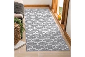 payé Outdoor Teppich Wetterfest - 80x150cm Läufer - Grau Weiß - Netz Raute - Teppiche für Terrasse Balkon Garten Indoor