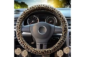 Housse de volant imprimée léopard pour femme, Housses de volant léopard avec BONUS 4PCS Leopard Car Cups Coasters, Leopard Car Accessories.