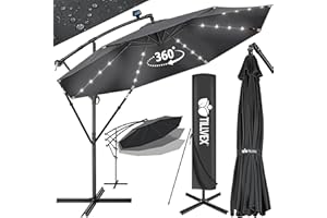 tillvex Alu Ampelschirm + Abdeckung LED Solar Ø 300 cm mit Kurbel, Abdeckung + Ständer | Sonnenschirm mit Windschutz | Gartenschirm UV-Schutz Aluminium | Kurbelschirm Marktschirm wasserdicht