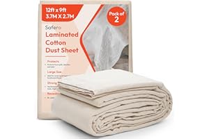 SAFERO Pack of 2 Laminated Cotton Dust Sheets for Decorating & Painting Size 12ft X 9ft | Waterproof Paint Cover Sheets Backed with Plastic Polythene Sheeting | Drop Cloth for, Furnitures, Floor, StairCase