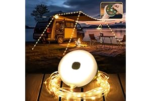 Famgoods Camping String Lights, 32.8Ft Retractable Camping Light with 9 Lighting Modes, IP65 Waterproof Camping Lights for Tents, 30s Roll up Fairy Camp Lamp for Tent, Yard, RV, Patio, Party Decor