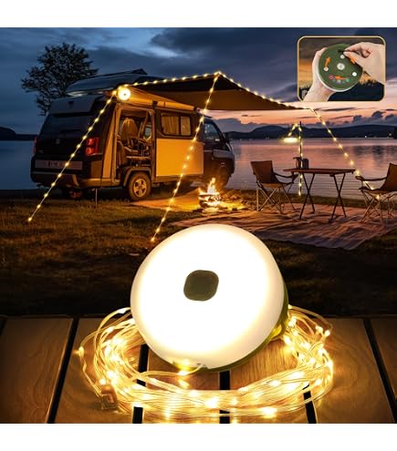 Sprifityy Catena luminosa da campeggio da 10 m, con ricarica solare e USB, con 8 modalità di illuminazione, telecomando, impermeabile, lampada da campeggio per tende, cortili, feste, escursionismo