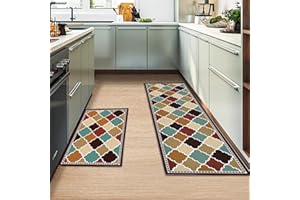 MIQEBX Kitchen Rug 2 Piece Set,Non-Slip Absorbent and Washable Runner Rug,Geometric Kitchen Floor Mat for Kitchen, Home, Office, Sink, Laundry (D, 43x150cm+43x75cm)