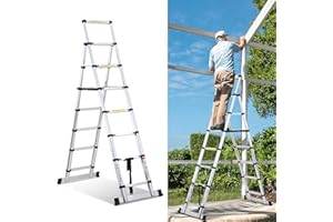 Jiubiaz Scala telescopica pieghevole, 2 m + 2,3 m, telaio ad A, 6 + 7 pioli, scala multiuso antiscivolo, scala allungabile con stabilizzatori, carico massimo 150 kg