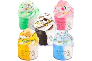 PETYUIOYU Cloud Slime Kit 5 Pack, with Peach Rainbow Lemon Coffee Slime Charms, Fluffy Slime for Girls and Boys, Stress Relief Toy for Kids Education, Party Favor, Gift and Birthday