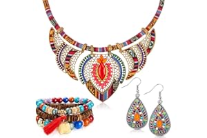 HICARER Conjunto de Joyas Bohemias Gargantilla de Collar Tribal de Estilo Étnico Pulsera Multicapa con Cuentas Elásticas Pendientes Colgantes Vintage para Mujer Chica Regalo Disfraz